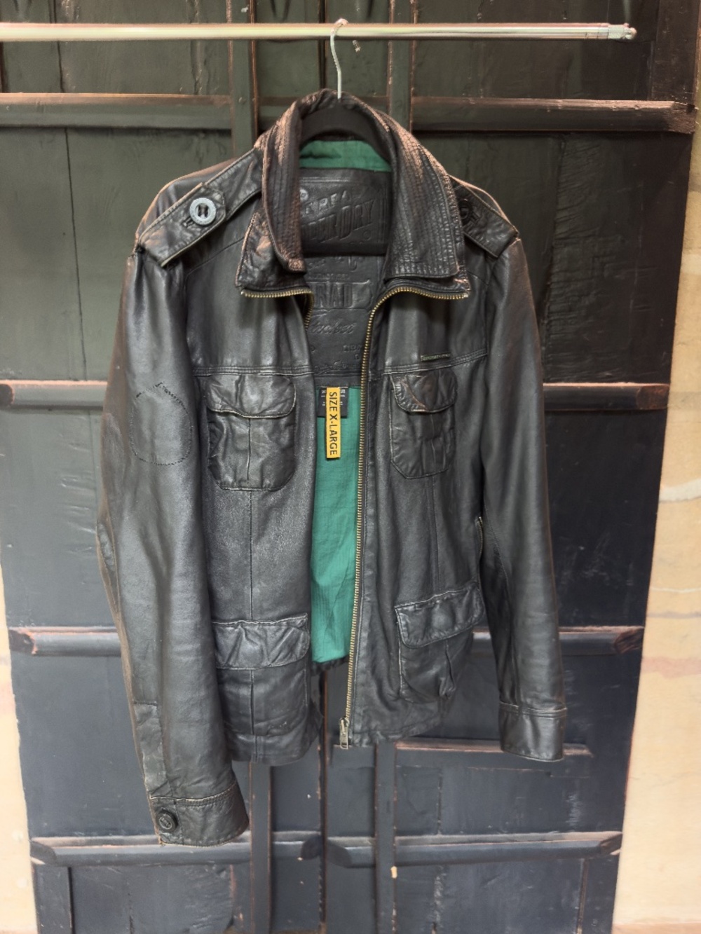 Superdry Men's Black Leather Military Jacket, Size XL